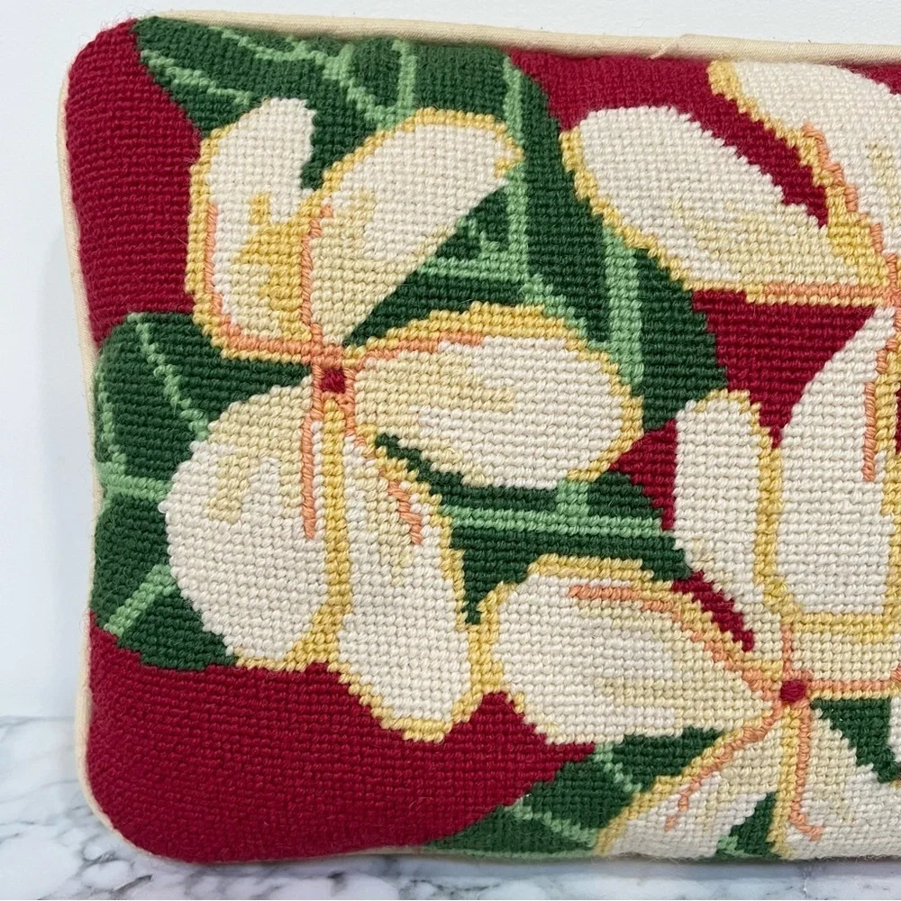 Handmade Red floral needlepoint throw pillow rectangle cream magnolia flowers